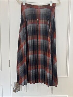 Beatrice Plaid A-Line Midi Skirt with Chain Detail - Rust/Black/Gray